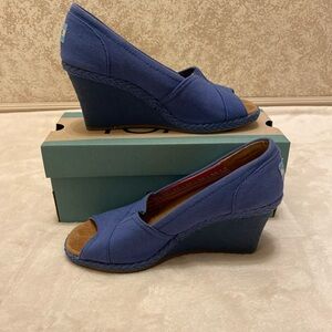 Toms Indigo Canvas Peep Toe Wedge Shoes
